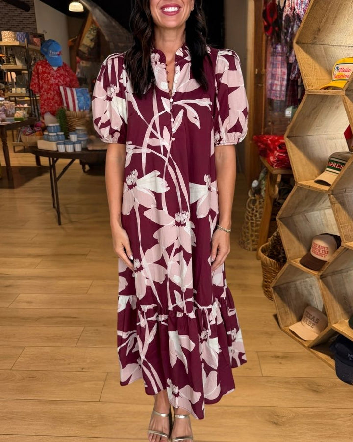 Burgundy pink floral puff sleeve maxi dress view 1