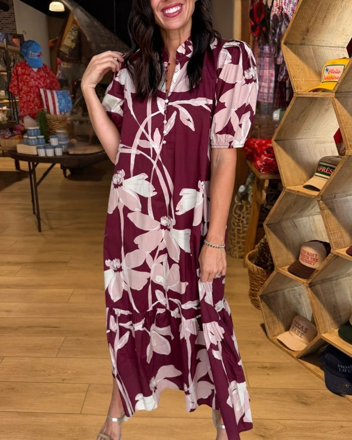 Burgundy pink floral puff sleeve maxi dress view 2