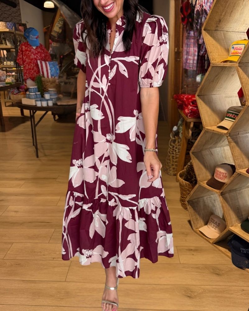 Burgundy pink floral puff sleeve maxi dress view 3