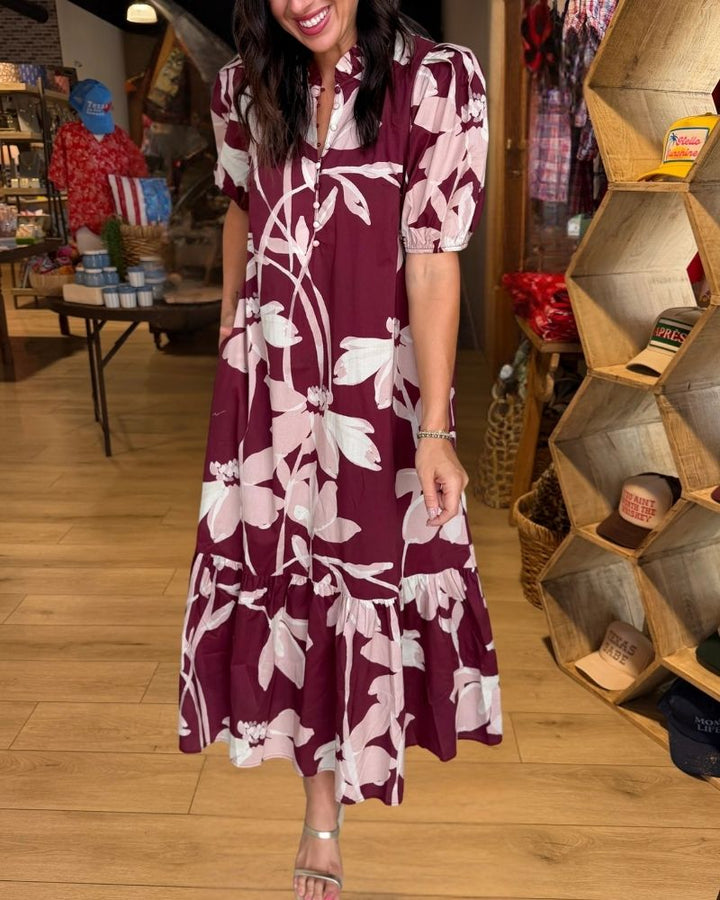 Burgundy pink floral puff sleeve maxi dress view 3