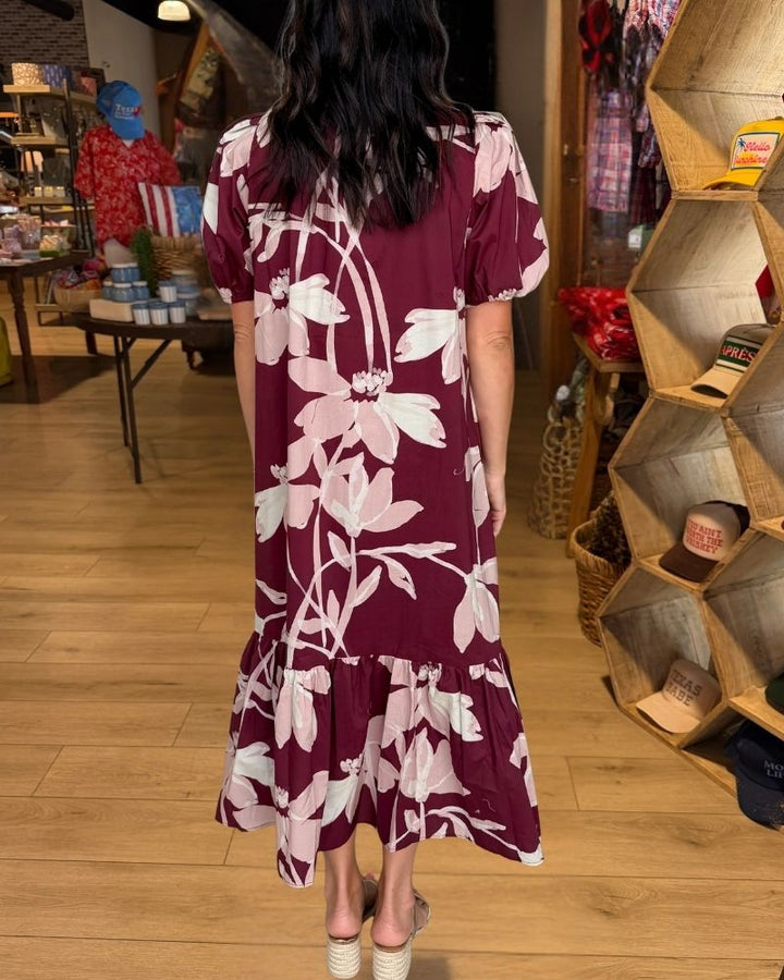 Burgundy pink floral puff sleeve maxi dress view 4