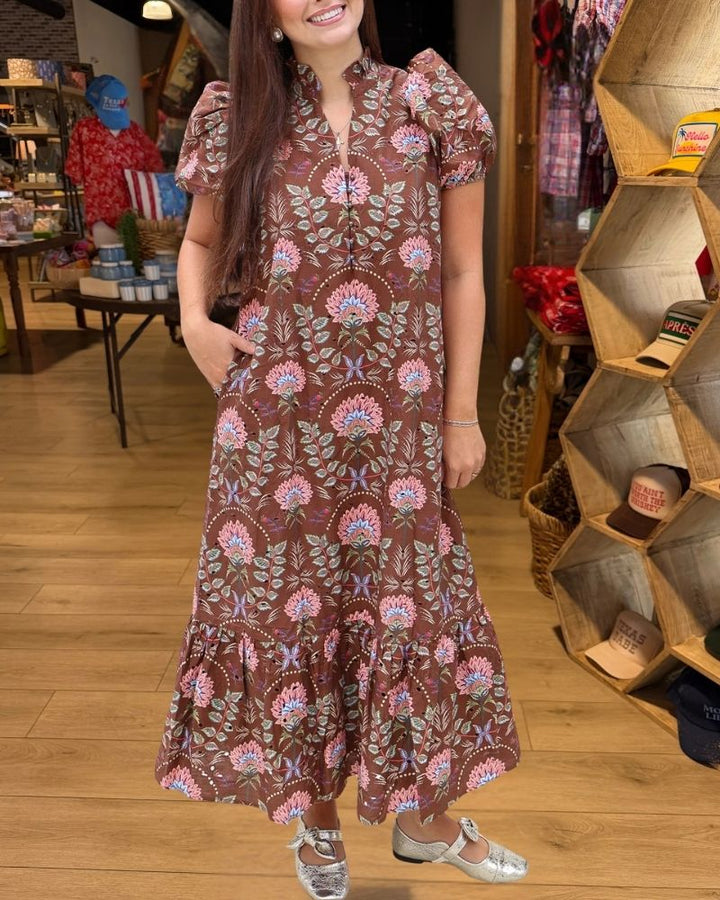 Brown pink floral puff sleeve maxi dress view 1