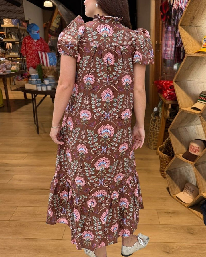 Brown pink floral puff sleeve maxi dress view 2