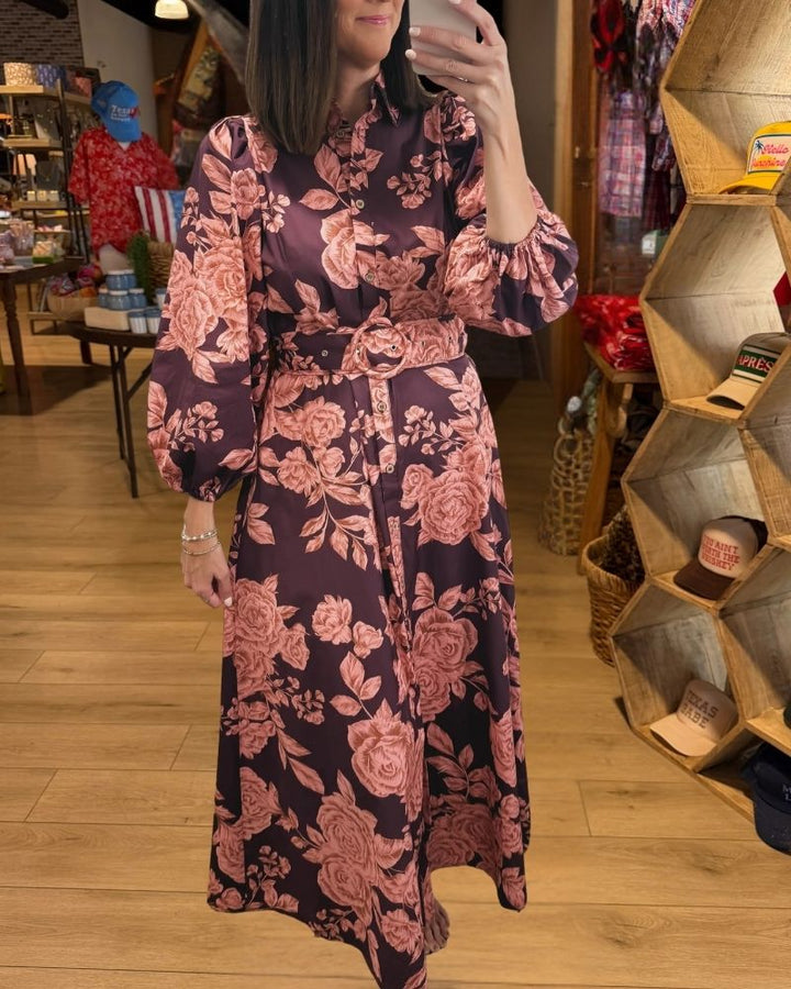 Burgundy rose print belted shirt maxi dress view 1