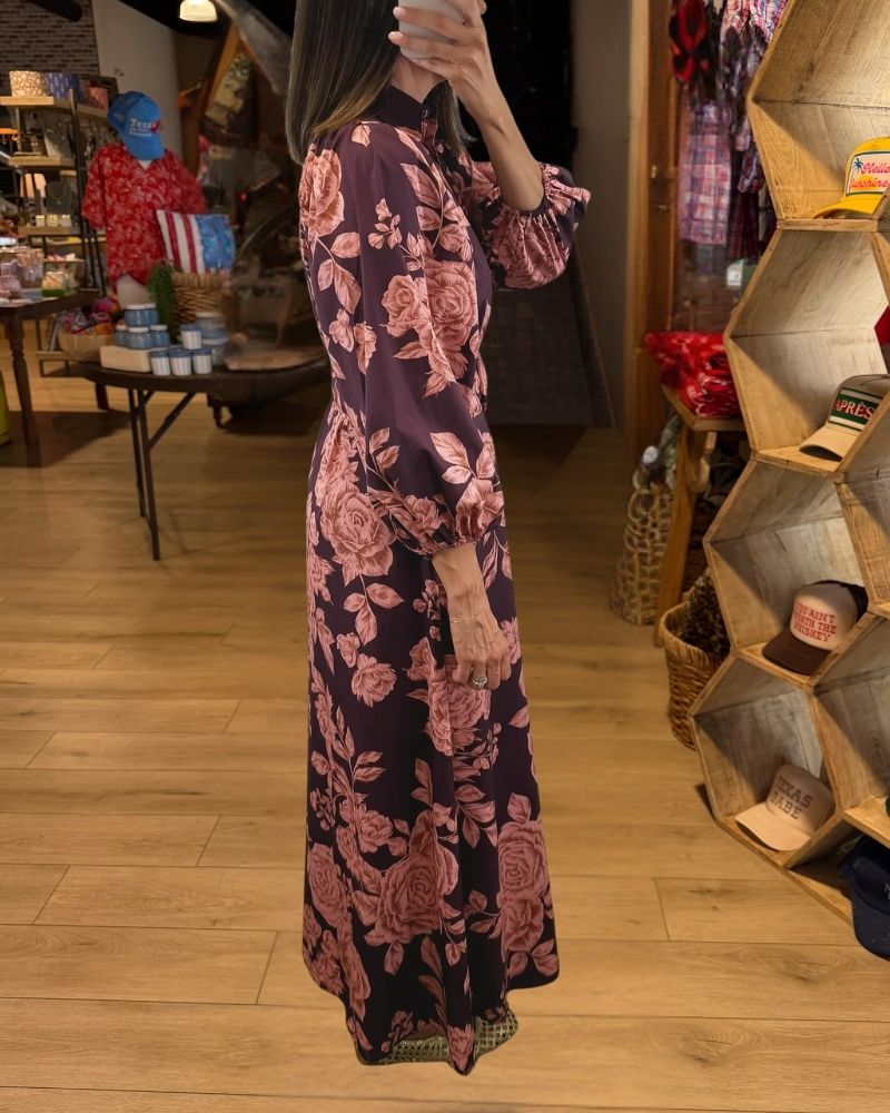 Burgundy rose print belted shirt maxi dress view 2