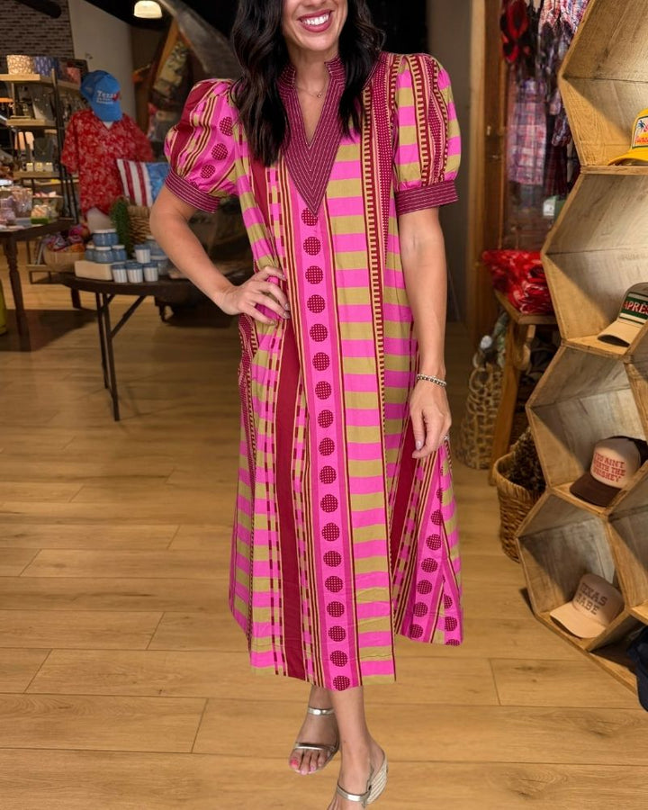 Pink olive geometric print puff sleeve maxi dress view 1