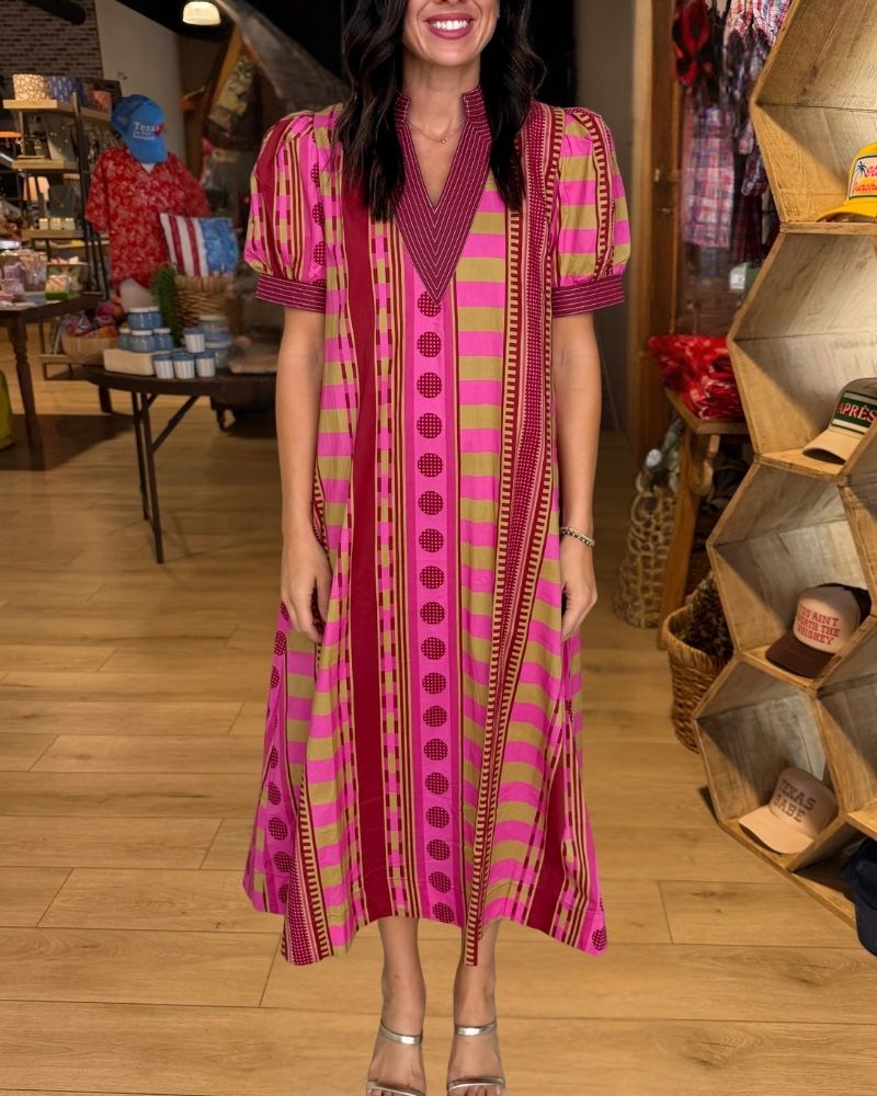 Pink olive geometric print puff sleeve maxi dress view 2