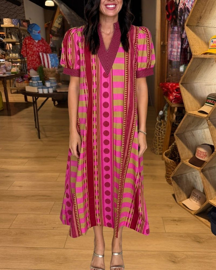 Pink olive geometric print puff sleeve maxi dress view 2