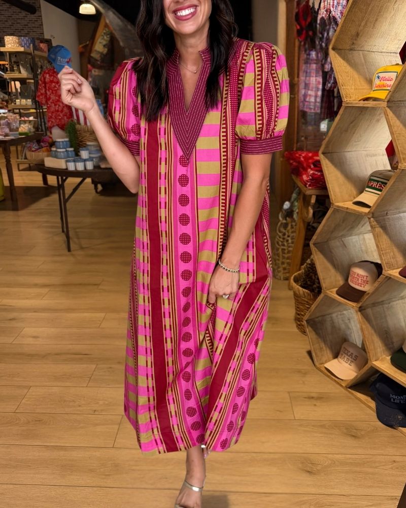 Pink olive geometric print puff sleeve maxi dress view 3