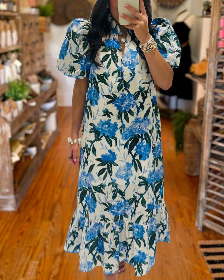 Elegant Blue Floral Midi Dress