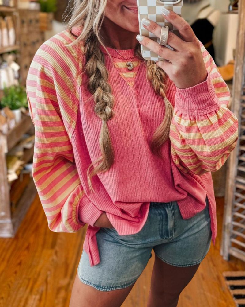 Fashion Waffle Knit Cotton Striped Patchwork Top