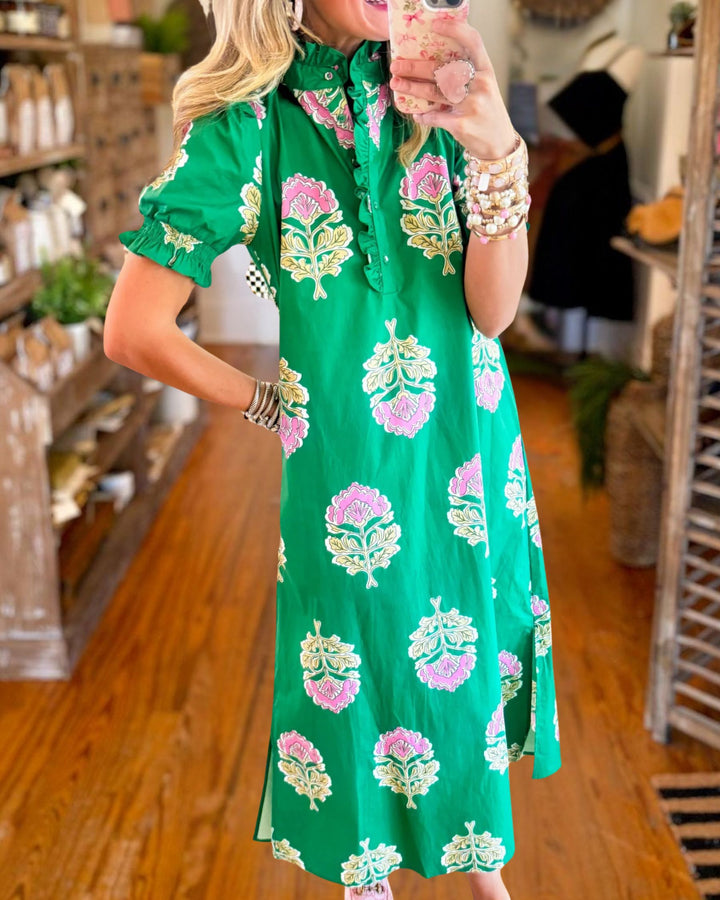 Chic Emerald Floral Midi Dress 