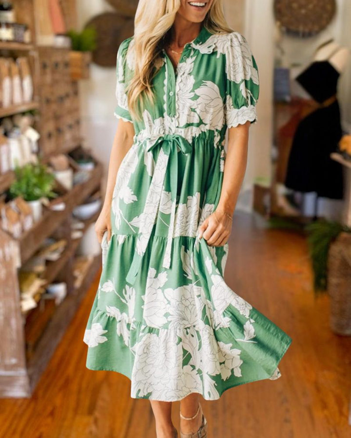 Elegant Green Floral Midi Dress 