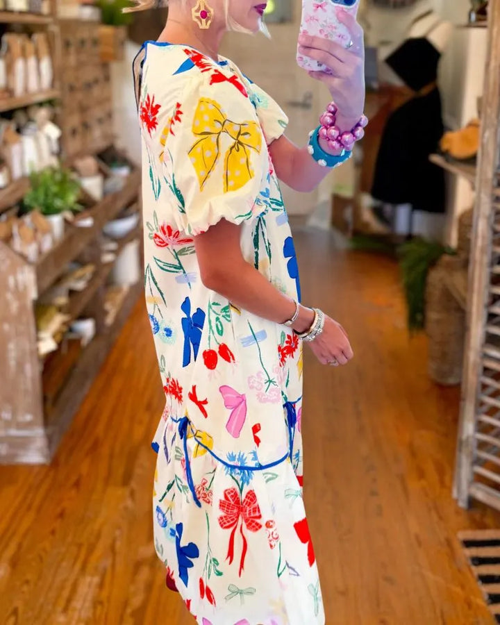 Playful Bow Print Puff Sleeve Midi Dress