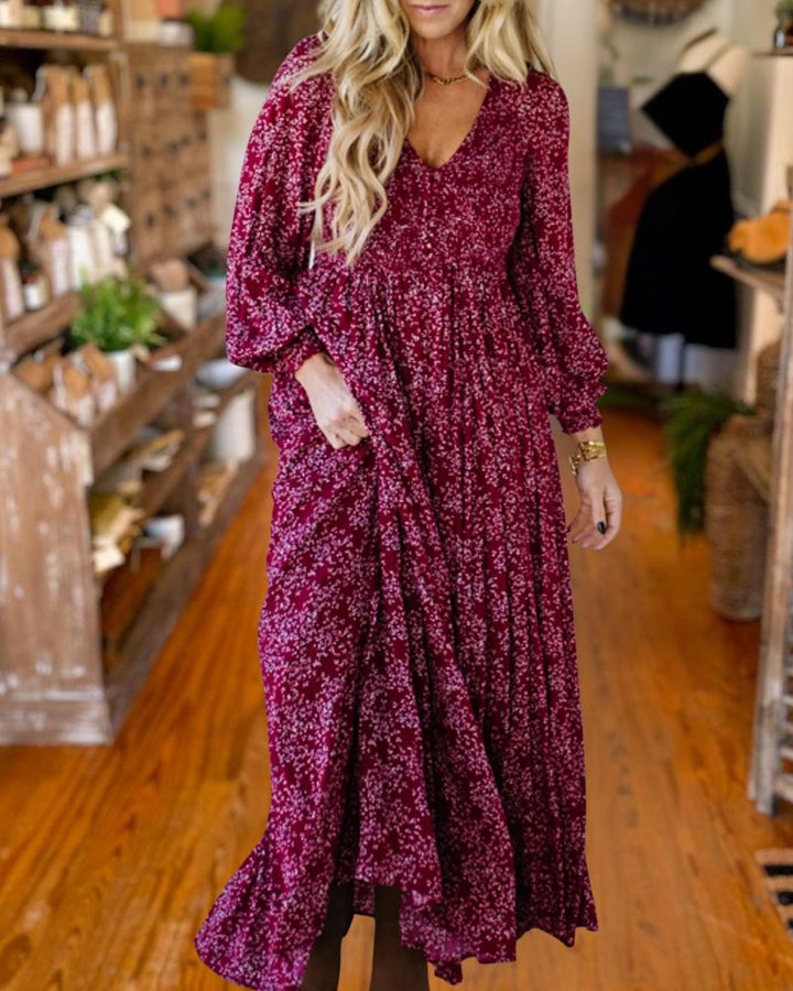 Polka Dot V-Neck Long Sleeve Maxi Dress