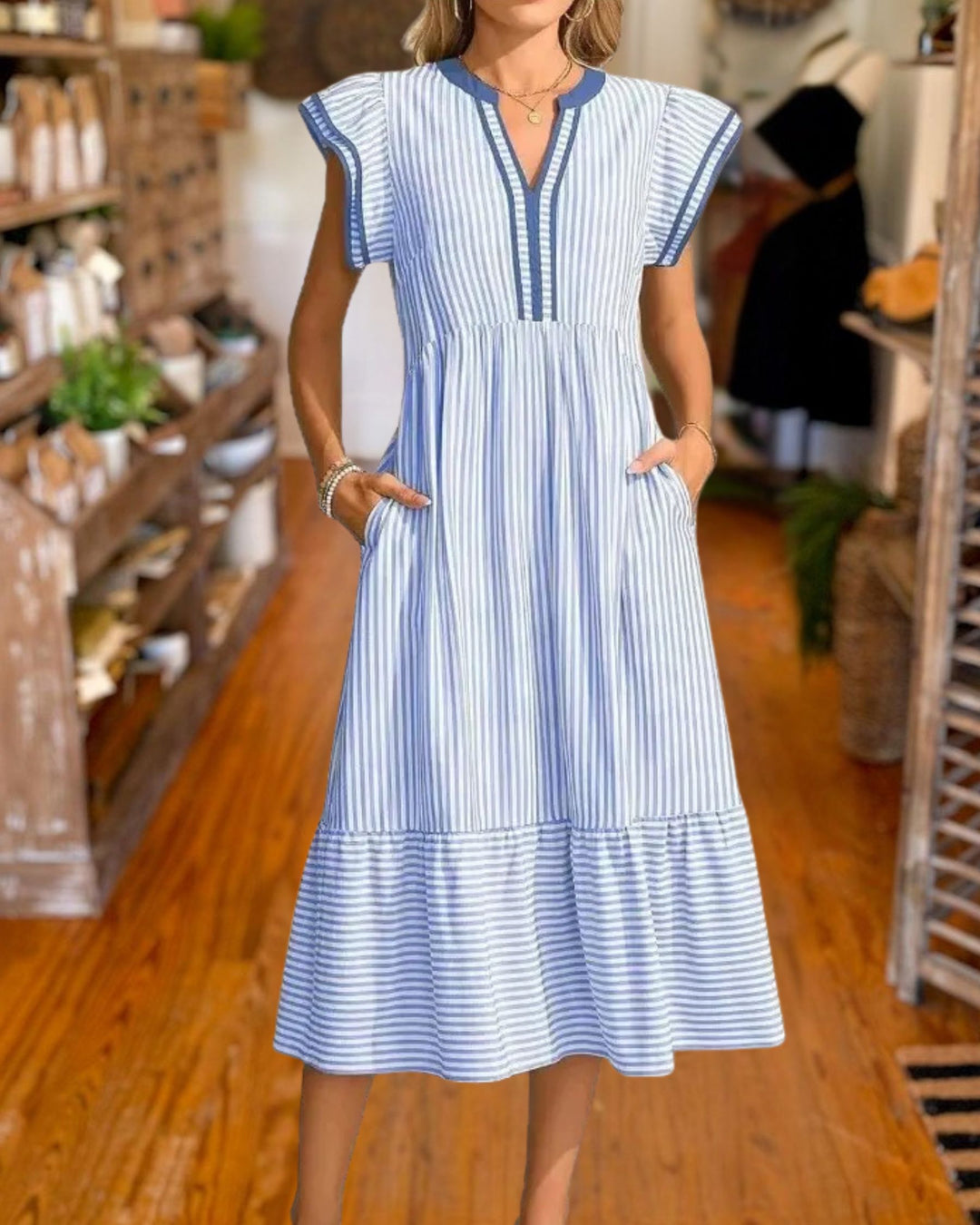 Classic Striped Tiered Midi Dress 
