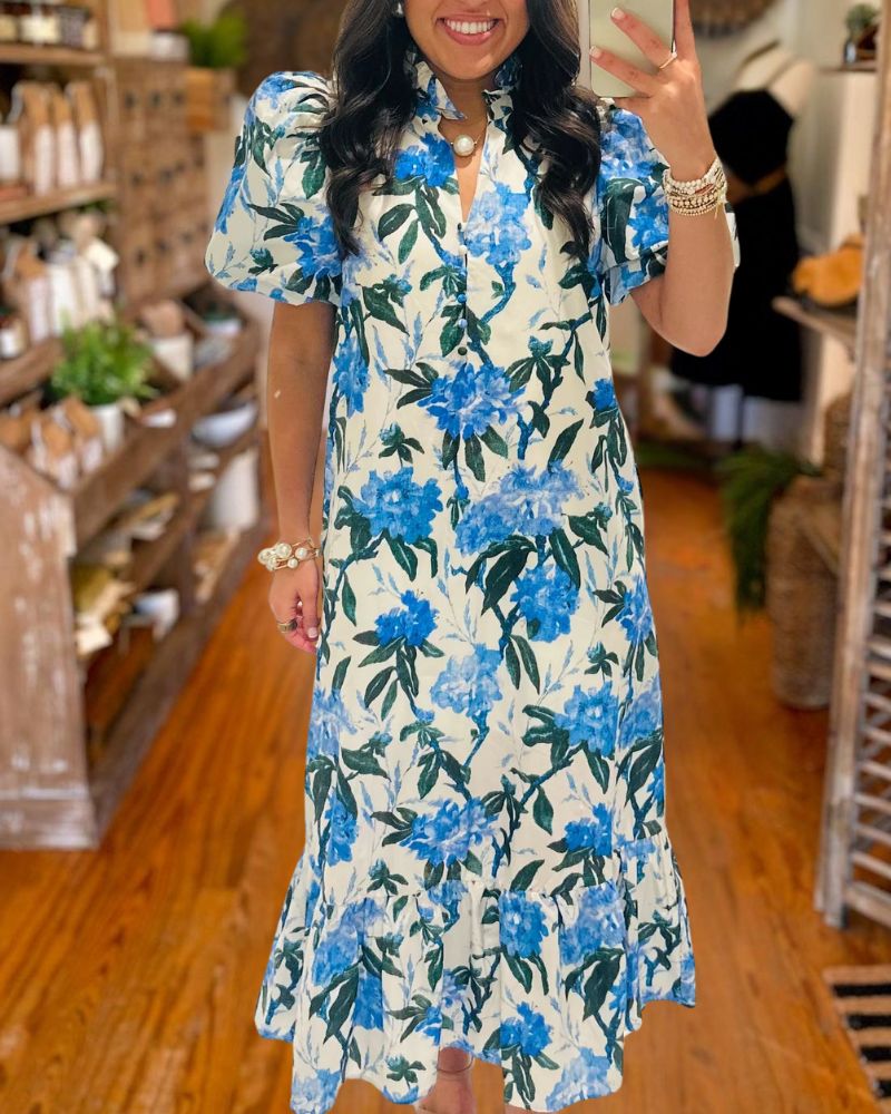 Elegant Blue Floral Midi Dress