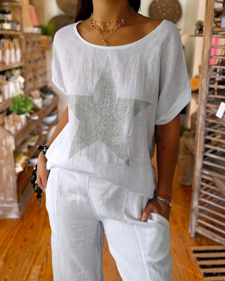 Rhinestone Detail Cotton & Linen Loose T-Shirt