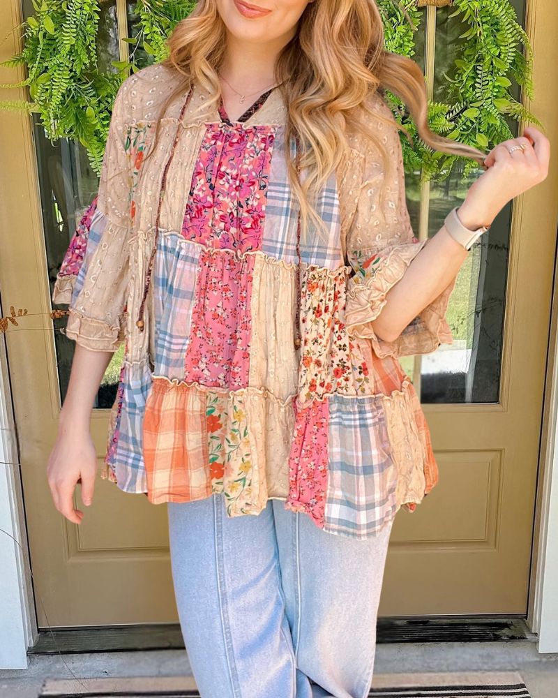 Retro Floral Plaid Patchwork V-Neck Top