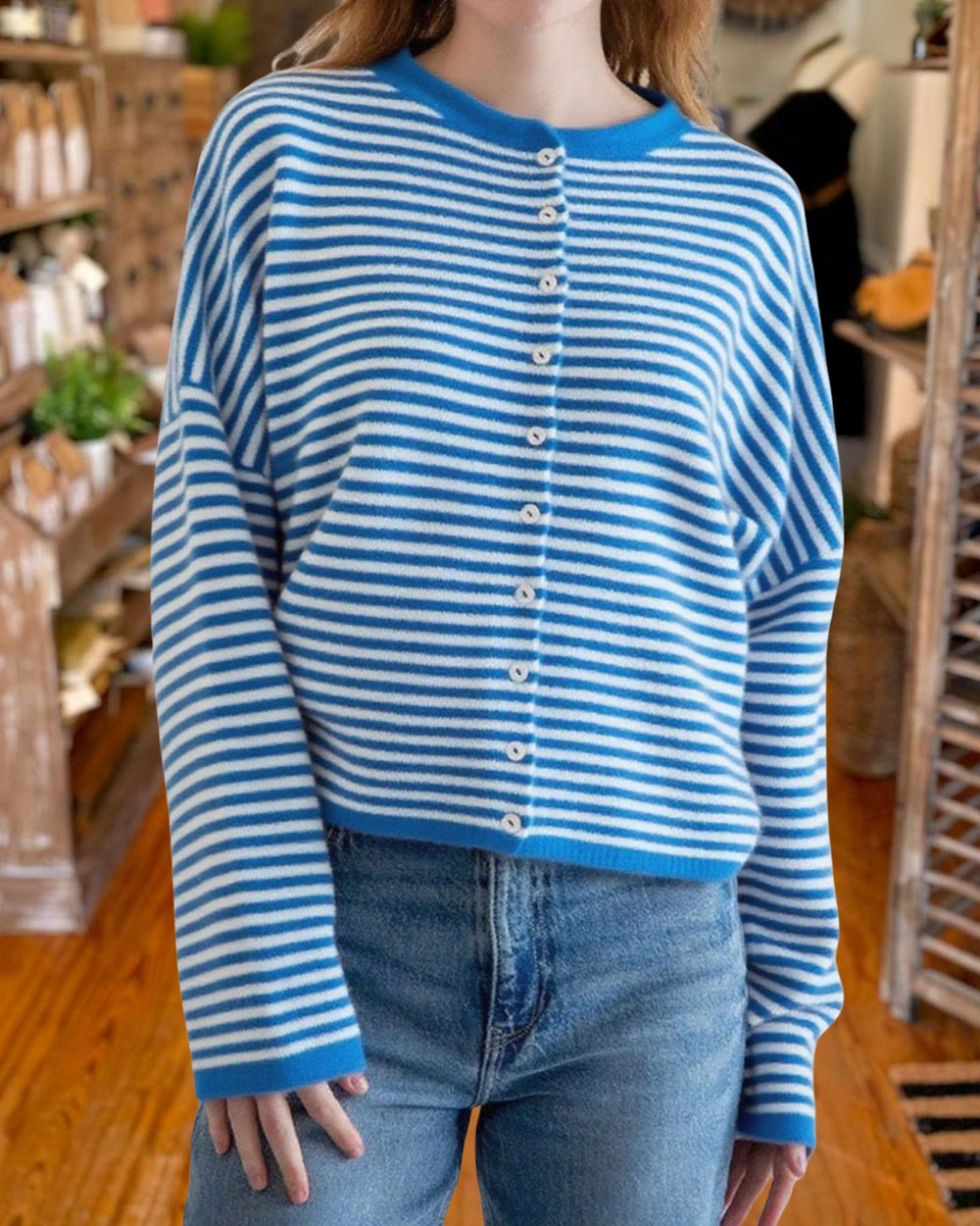 Casual Crew Neck Striped Knit Cardigan