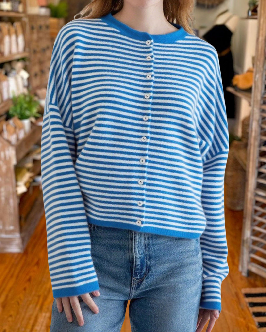 Casual Crew Neck Striped Knit Cardigan