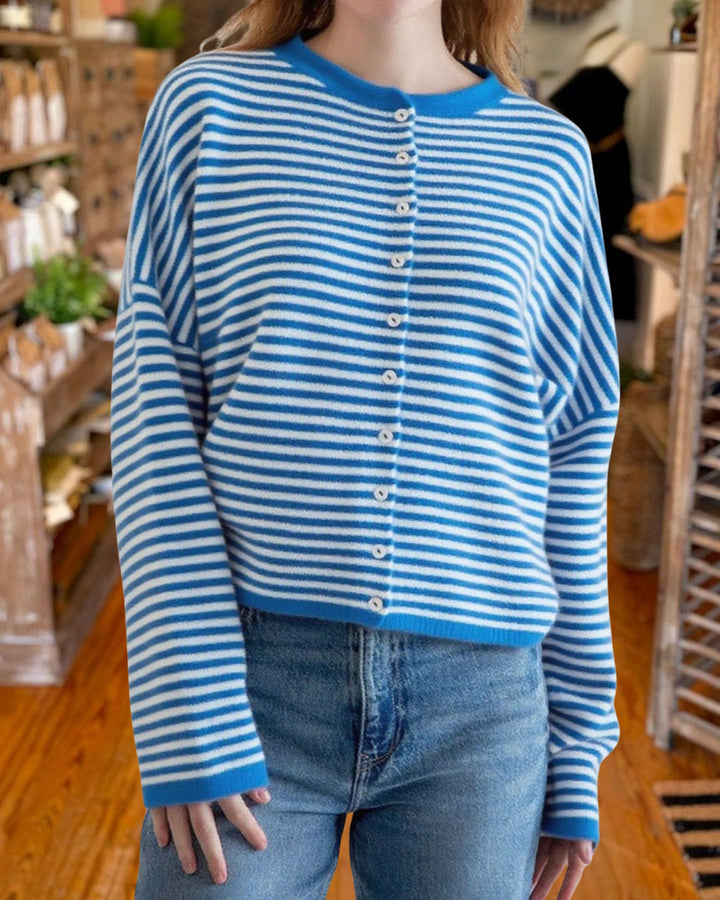 Casual Crew Neck Striped Knit Cardigan