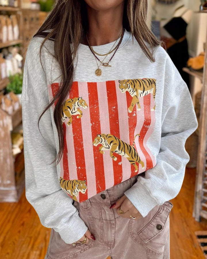 Vintage Tiger Graphic Striped Sweatshirt