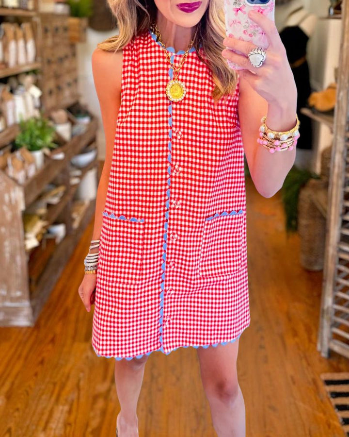Fashion Plaid Sleeveless Lace Trim Dress