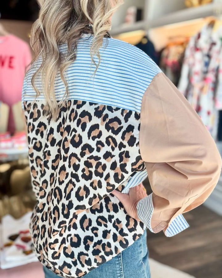 Casual Leopard Print Striped Shirt