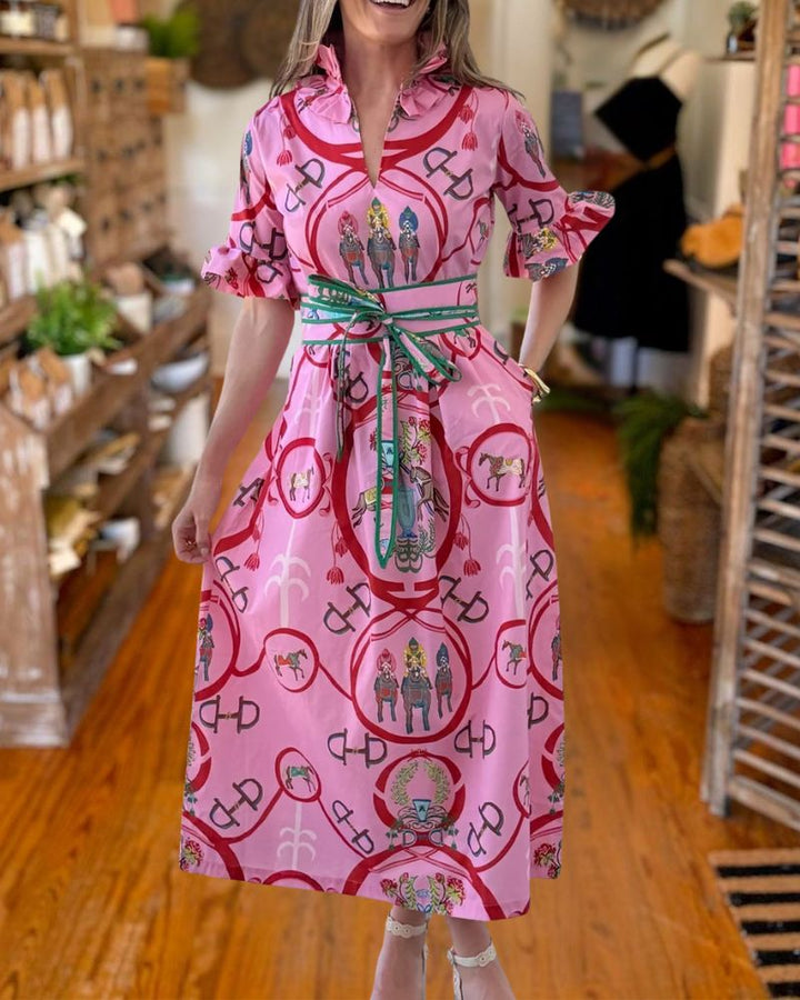 Vintage Print Ruffle Neck Midi Dress