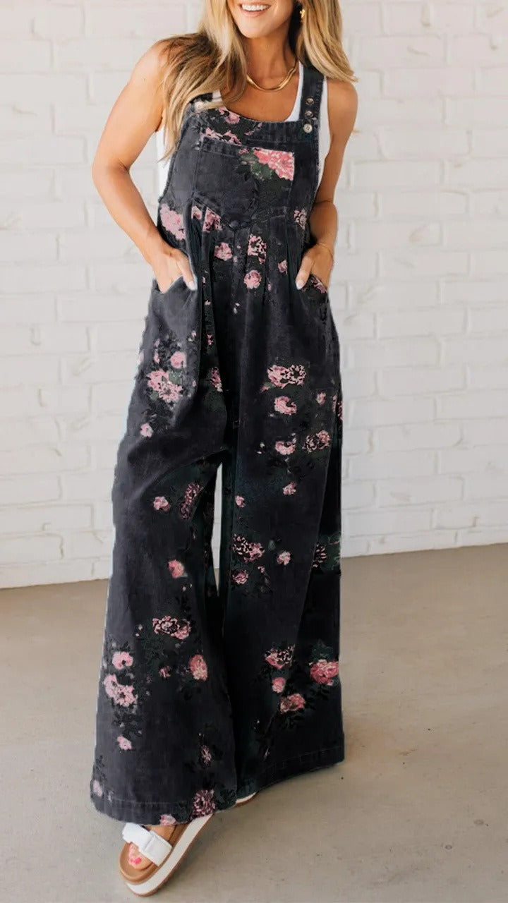 Floral Denim Sleeveless Jumpsuit