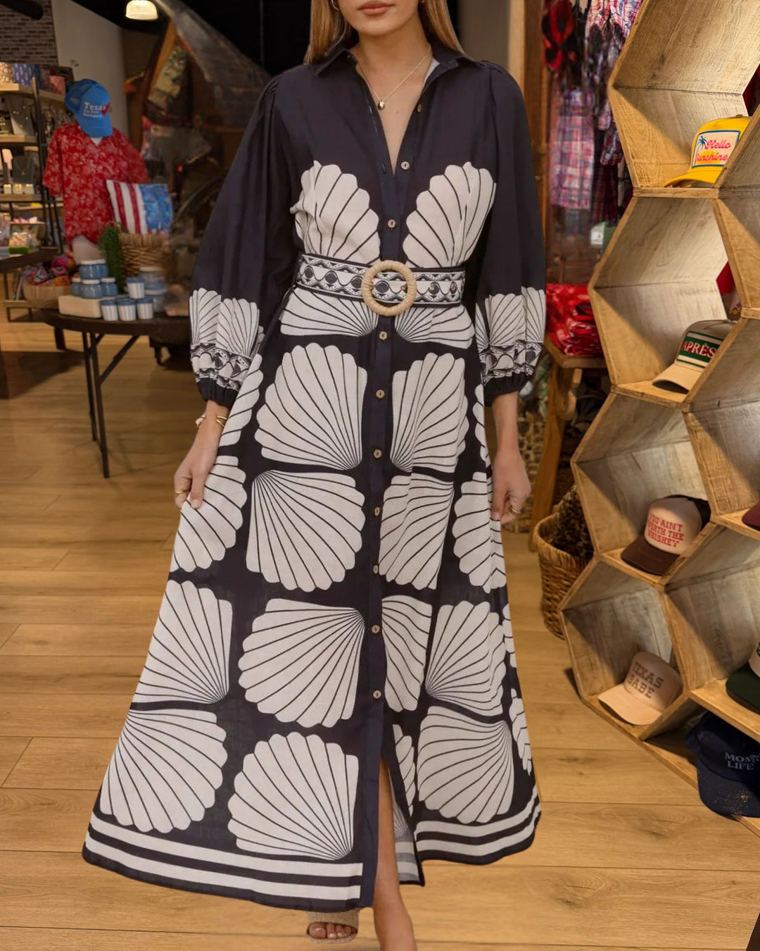 Black shell print belted button-front maxi dress front view