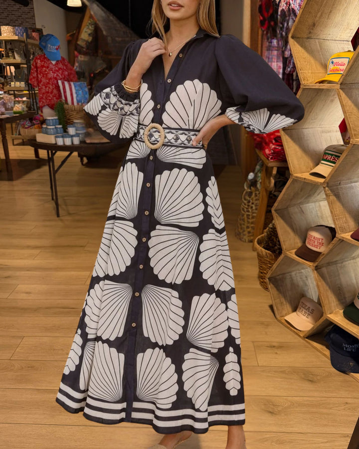 Black shell print belted button-front maxi dress full view