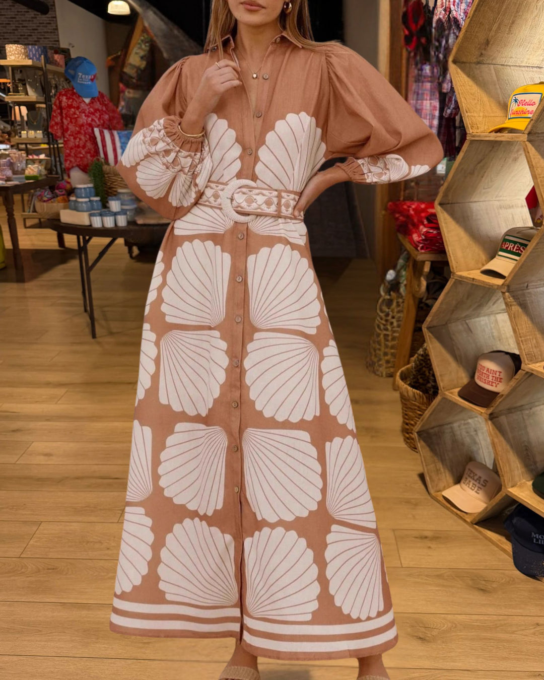 Khaki shell print belted button-front maxi dress front view