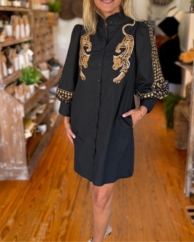 Black leopard embroidered shirt dress detail view