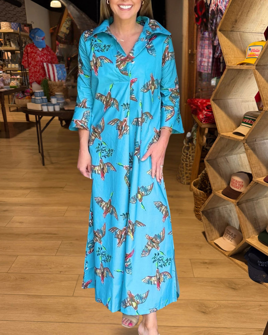 Blue bird print collared maxi dress front view