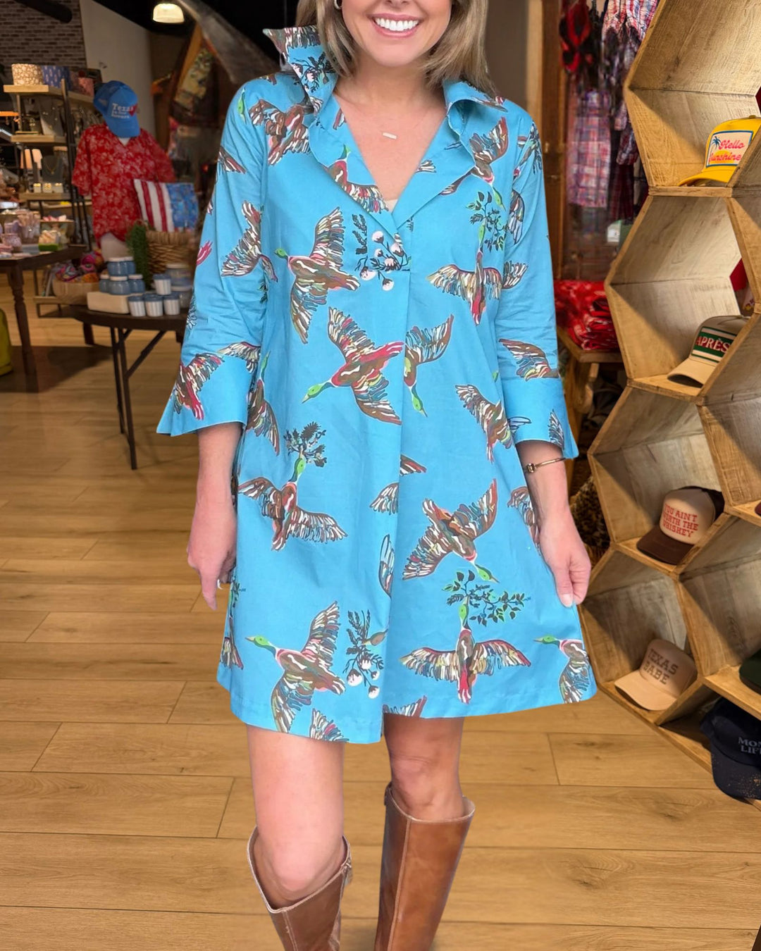 Blue bird print collared mini dress front view