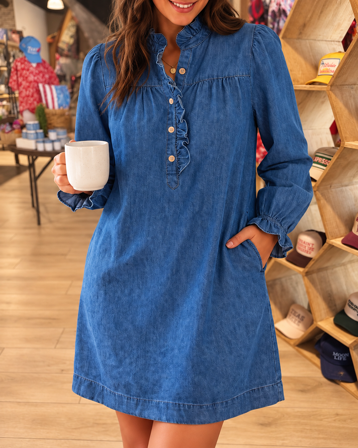 Blue denim ruffle neck long sleeve mini dress close front view