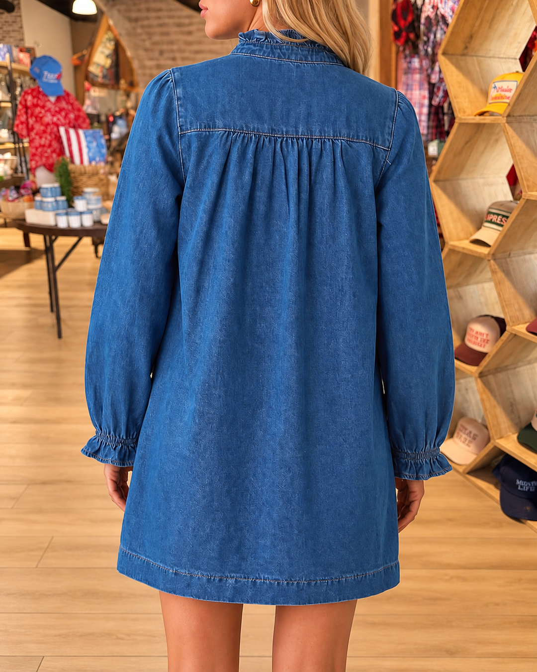 Blue denim ruffle neck long sleeve mini dress back view