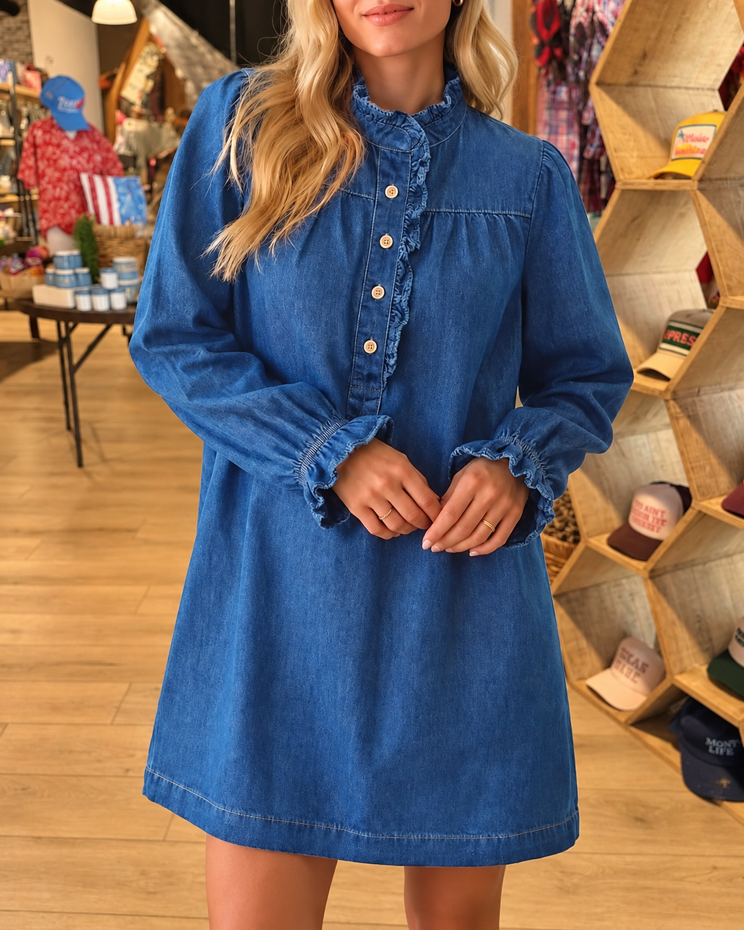 Blue denim ruffle neck long sleeve mini dress detail view