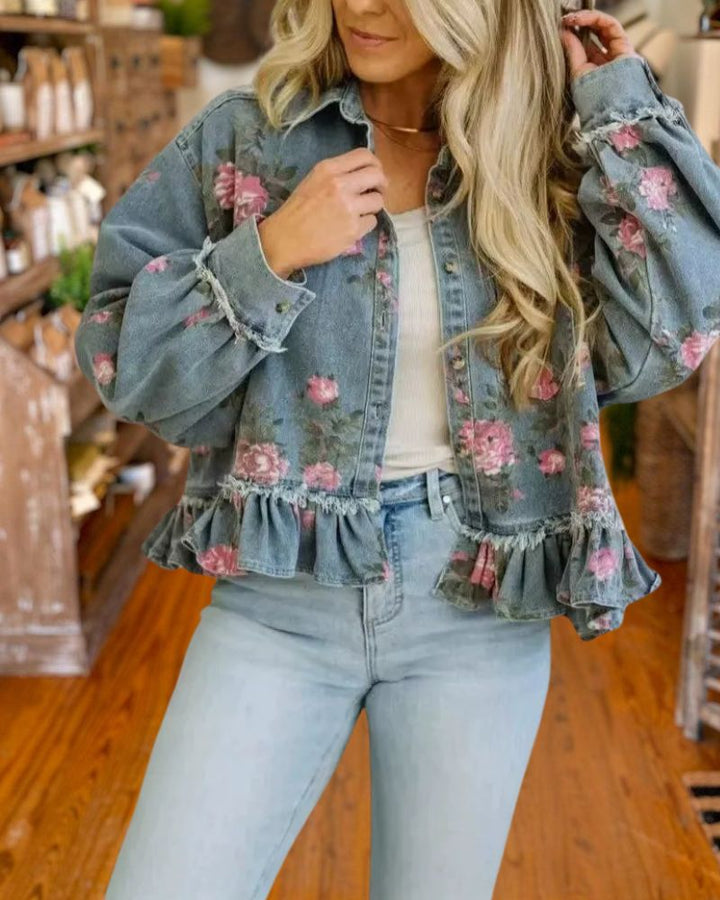 Blue floral ruffle denim jacket front view