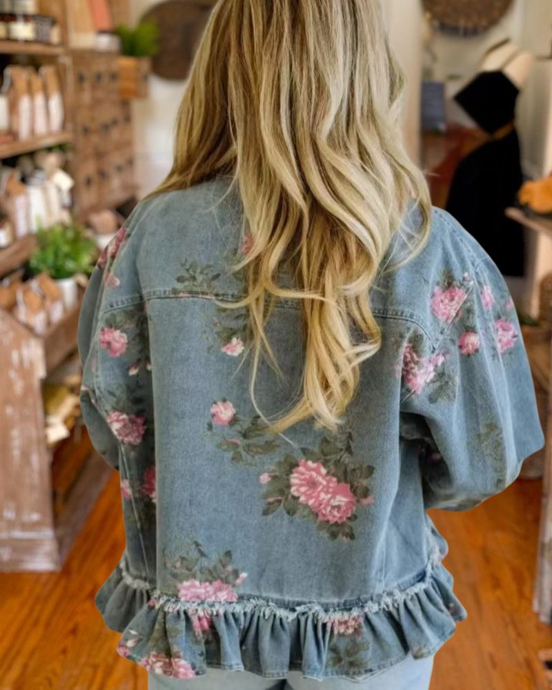 Blue floral ruffle denim jacket back view