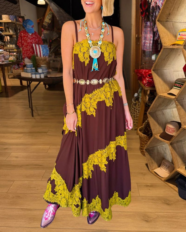 Boho Vacation Brown Mustard Lace Trim Slip Maxi Dress