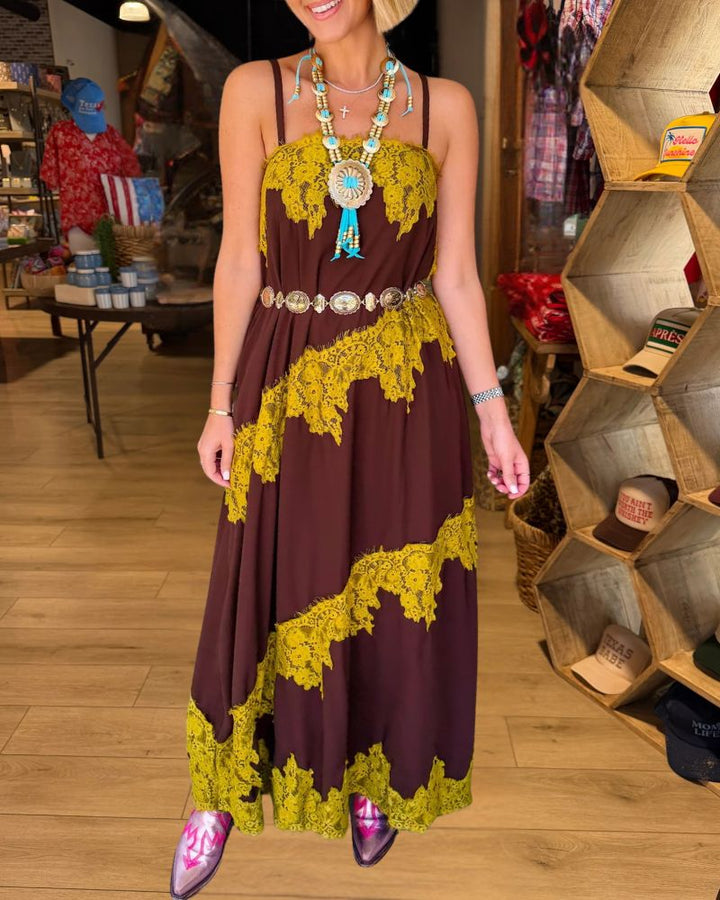 Boho Vacation Brown Mustard Lace Trim Slip Maxi Dress
