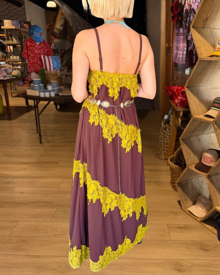 Boho Vacation Brown Mustard Lace Trim Slip Maxi Dress