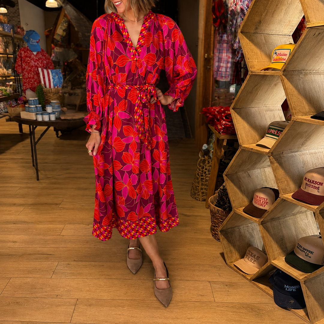 Boho red pink floral tie-waist maxi dress view 1