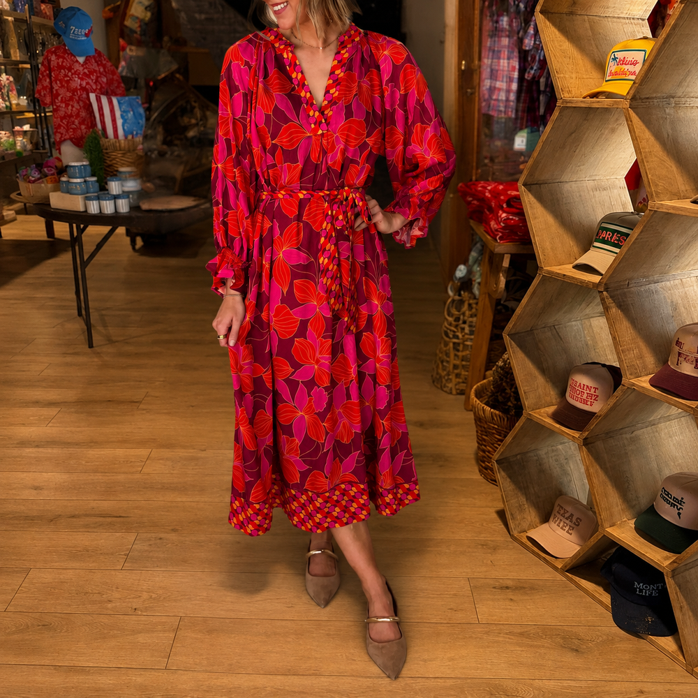 Boho red pink floral tie-waist maxi dress view 2