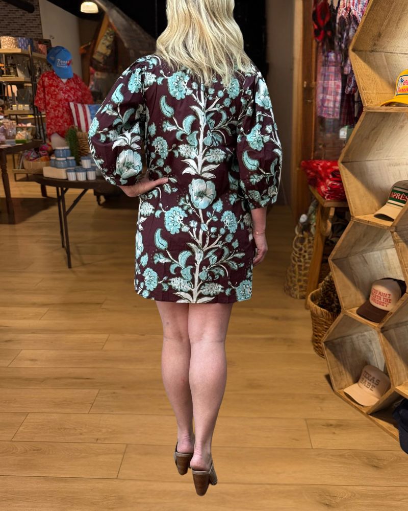 Burgundy aqua floral mini dress back view