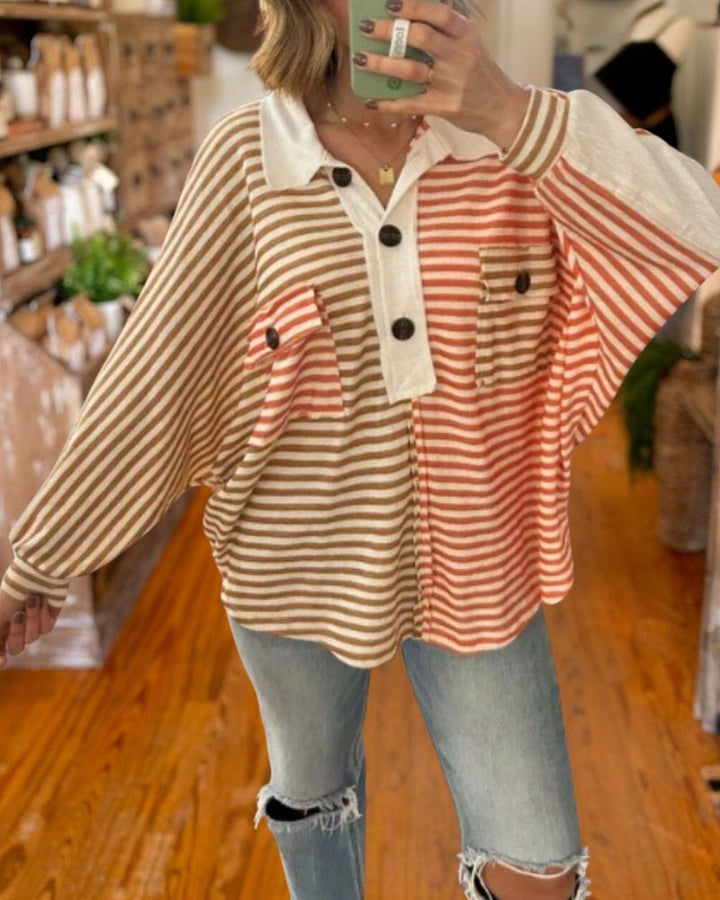 Casual Loose Fit Color Block Striped Top