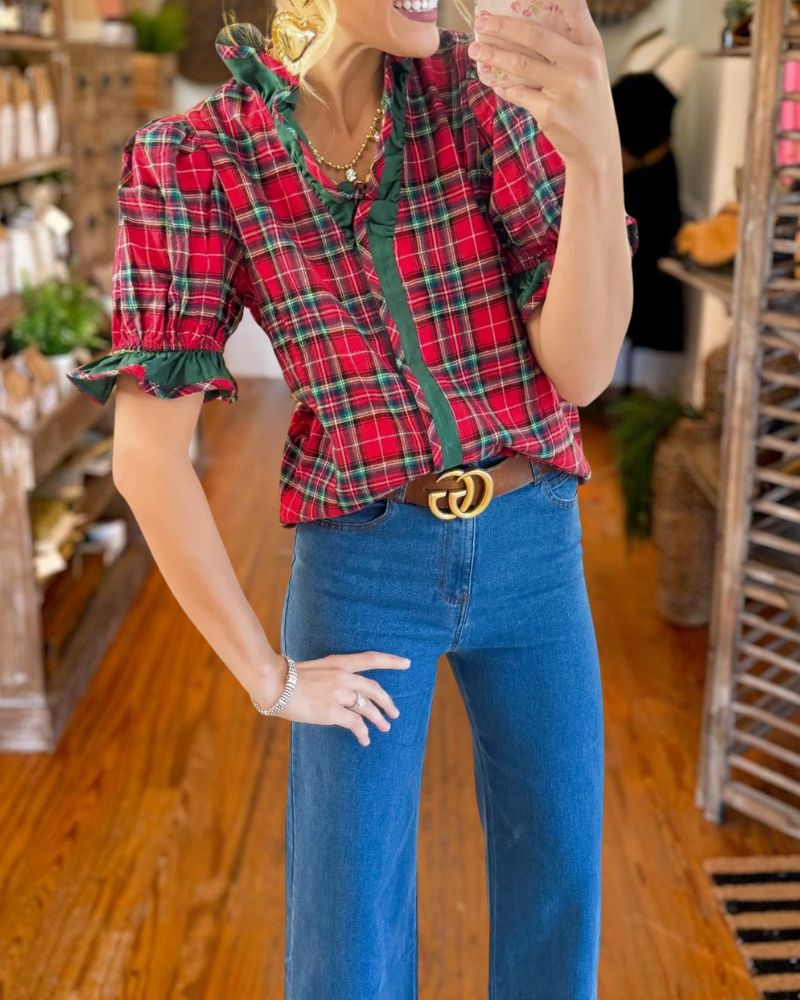 Vintage Plaid Ruffle Blouse